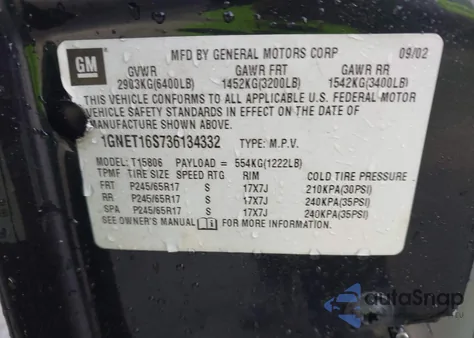 2003 Chevrolet Trailblazer Ext Lt from USA, damaged, VIN 1GNET16S736134332